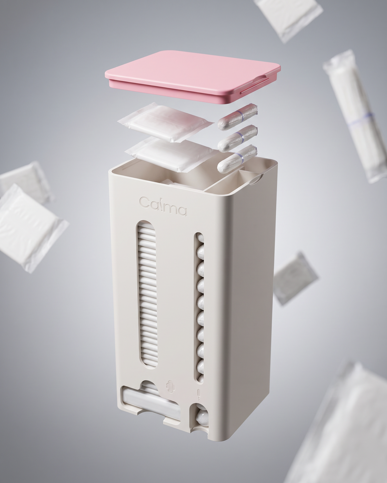 CALMA Essentials met zwevend deksel terwijl maandverband en tampons worden bijgevuld