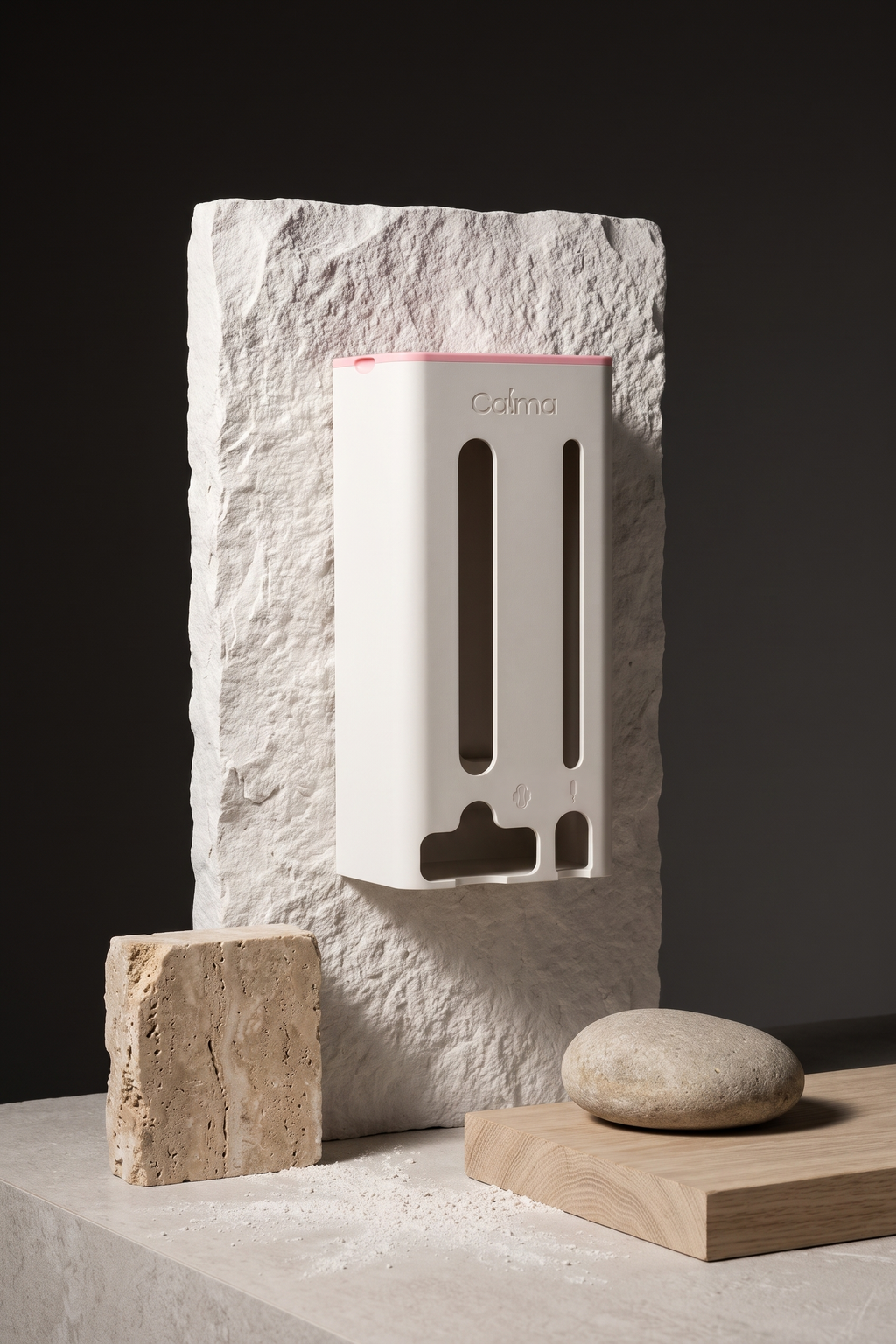 CALMA Essentials tussen natuursteen, travertin en eikenhout