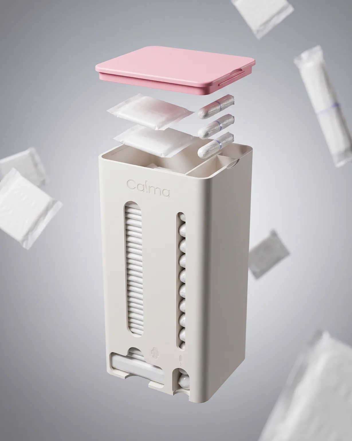 CALMA Essentials met zwevend deksel terwijl maandverband en tampons worden bijgevuld