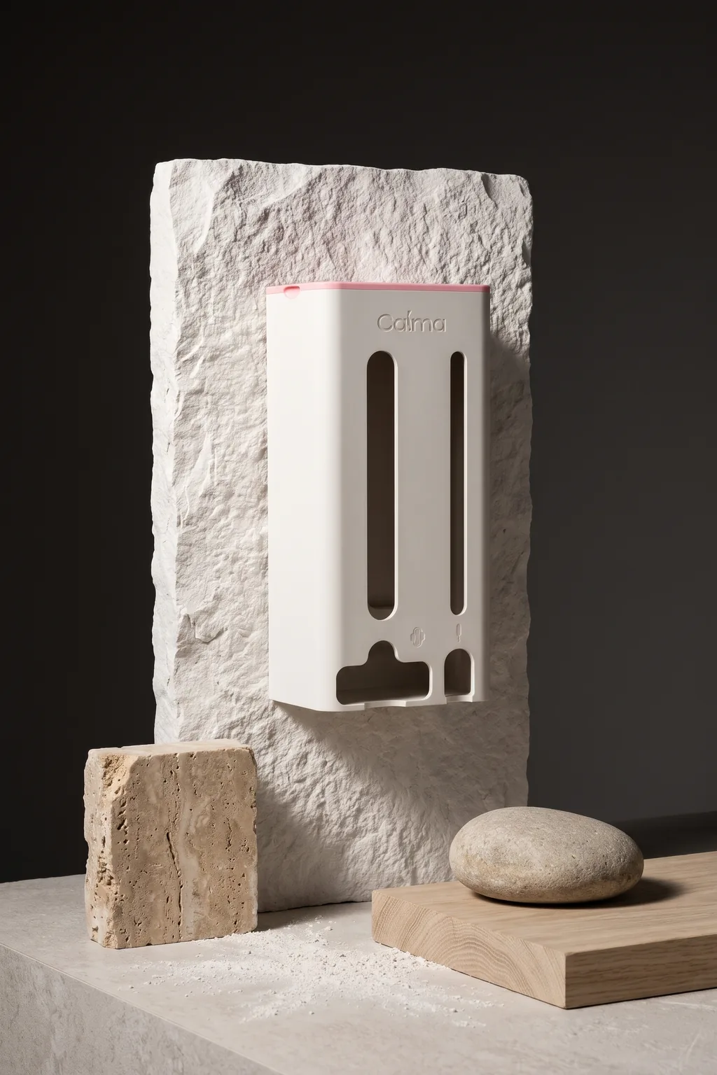 CALMA Essentials tussen natuursteen, travertin en eikenhout